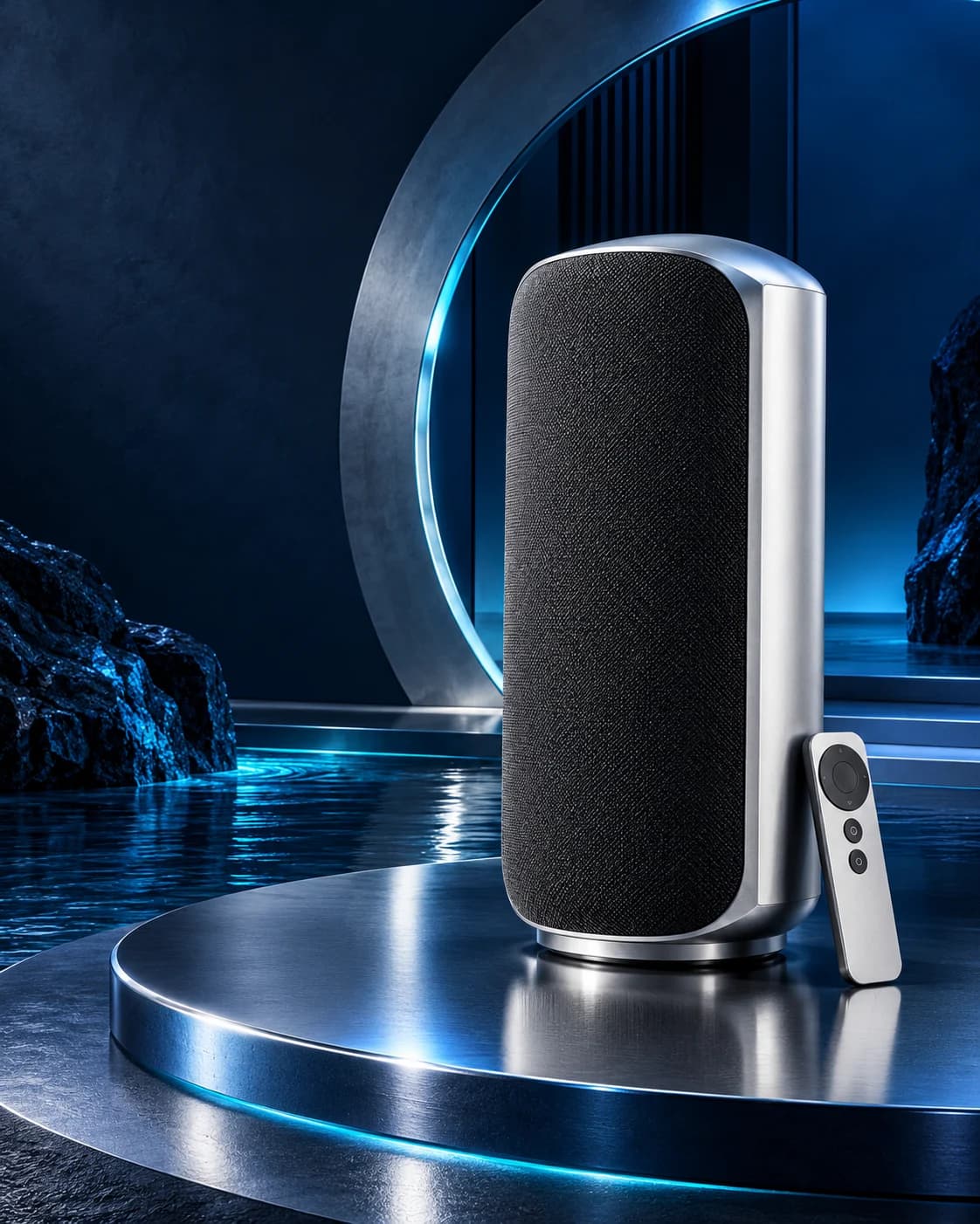 Complete sculptural silver speaker and remote in a native portrait sponsorship creative