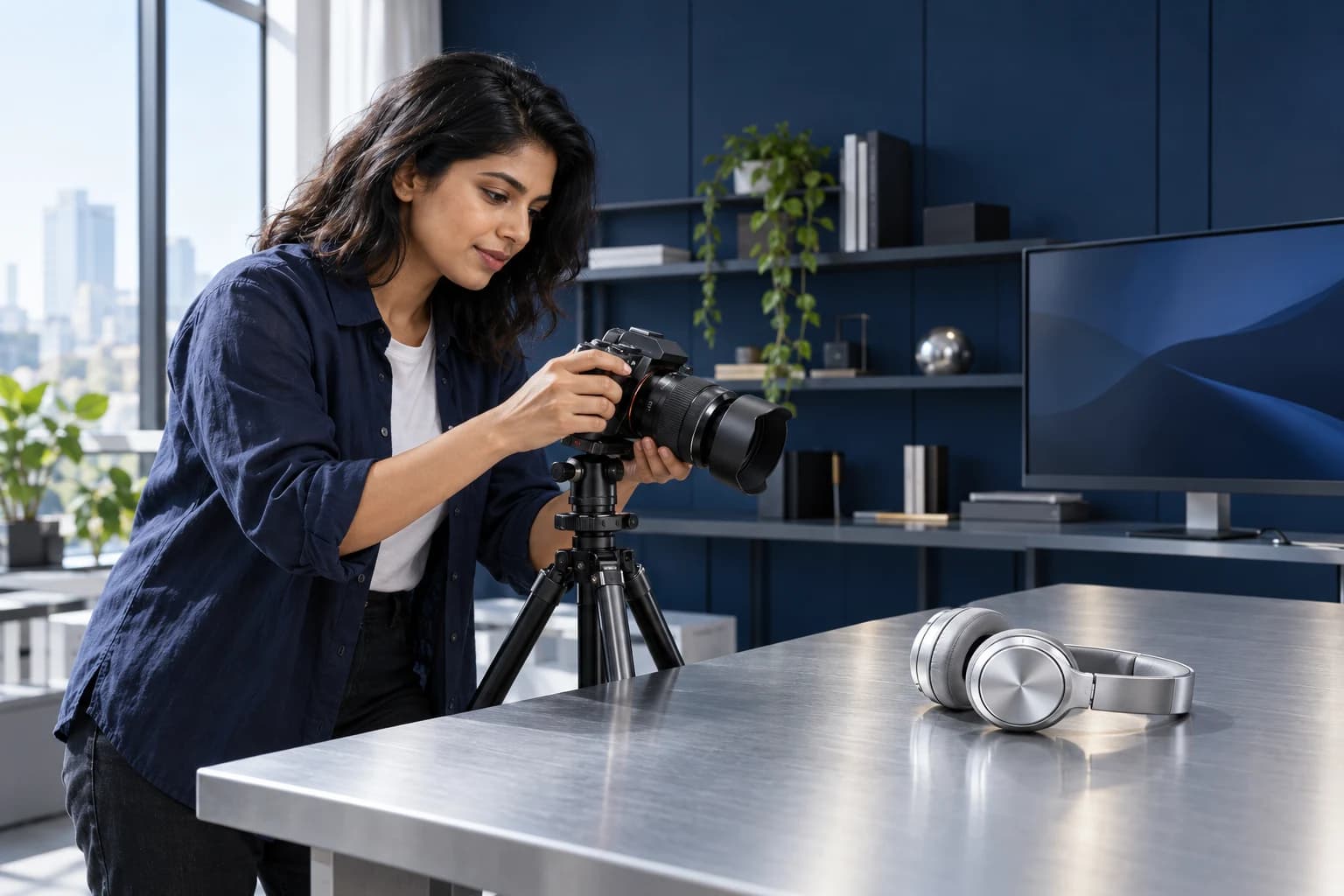 Fictional independent technology creator setting up a camera beside complete silver headphones in a navy studio