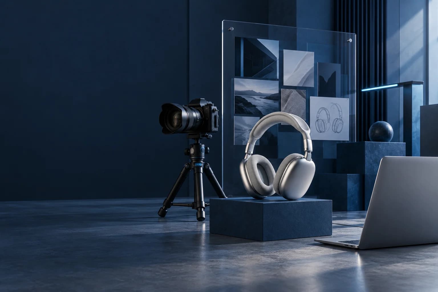 Illustrative premium headphone campaign production studio with a camera and creative reference board