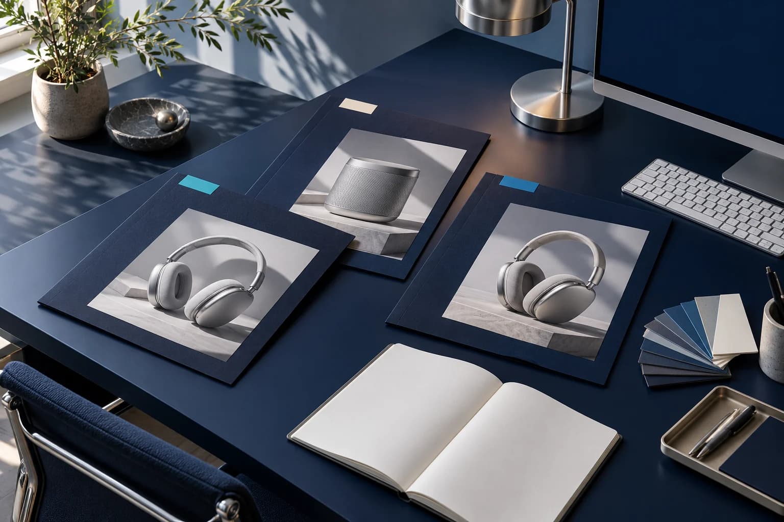 Illustrative agency art-direction desk with separate client folders and complete audio campaign prints
